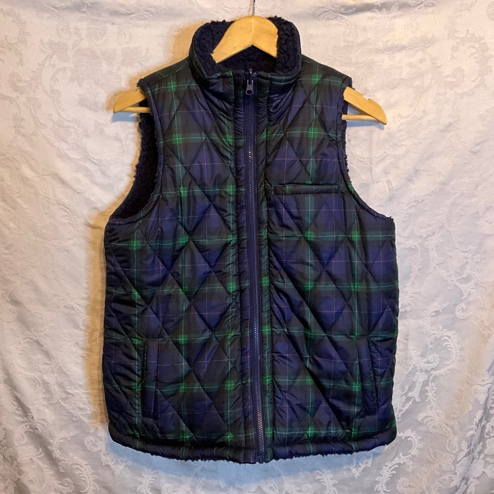 Crown & Ivy Women's Plaid Quilted Sherpa Lined Reversible Vest Navy Green Size M